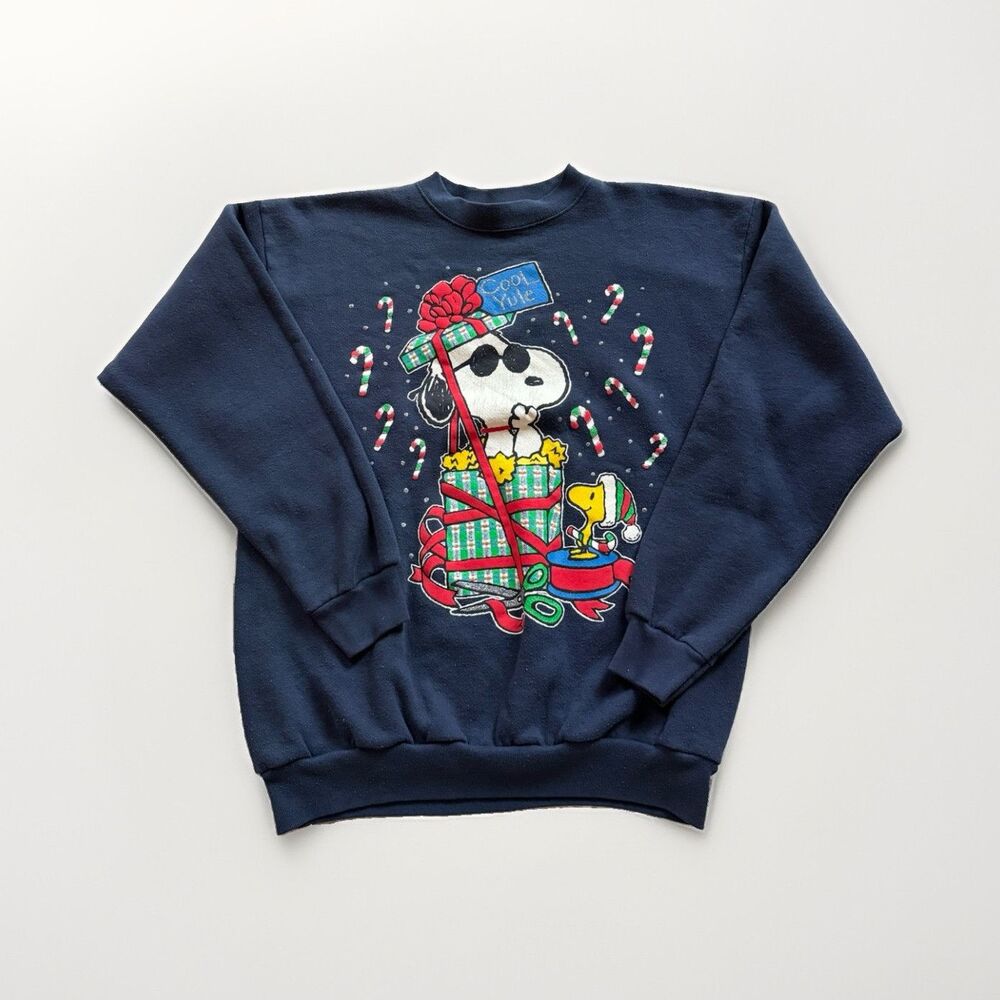 Vintage Peanuts Snoopy Woodstock Christmas Graphic Blue Pullover‎ Crewneck M